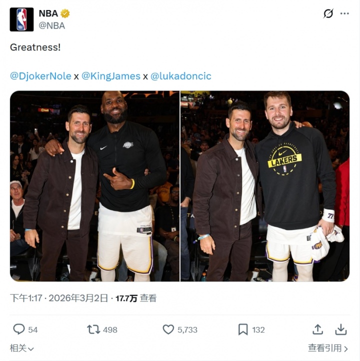 开云体育-NBA官方晒德约科维奇与詹姆斯&amp;东契奇合影：伟大！